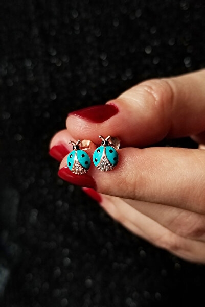 Parmas Design Uğur Böceği 925 Ayar Gümüş Çocuk Turkuaz Küpe Turkuaz
