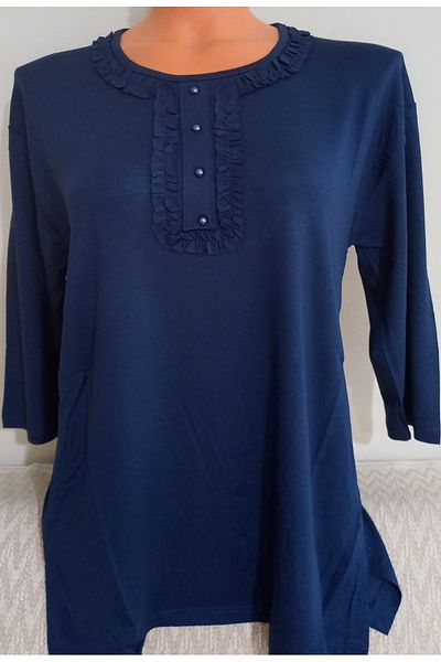Anne Er Clothing Summer Combed Cotton Blouse Crew Neck Capri Sleeve K.Blue