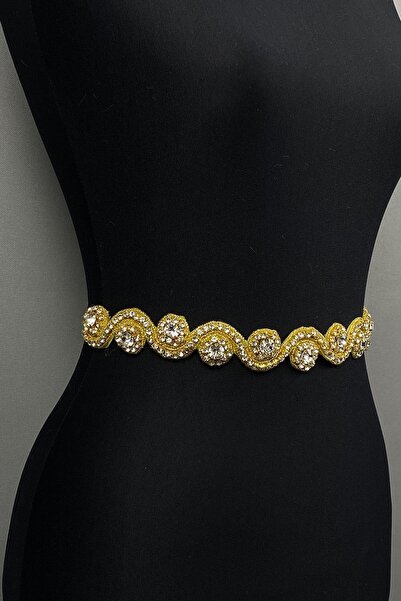 Limelia Gold Rengi Su Yolu Abiye Elbise Aksesuarı Taşlı Bel Kemeri