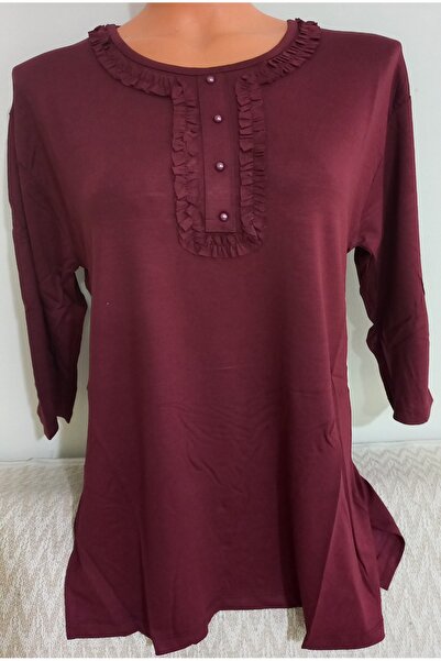 Anne Er Clothing Summer Combed Cotton Blouse Crew Neck Capri Sleeve Claret Red