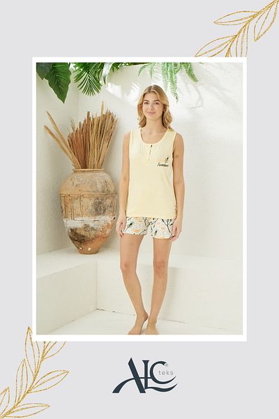 Alcteks Yellow Color Thick Strap Patterned Front Buttoned Shorts Summer Women's Pajama Set