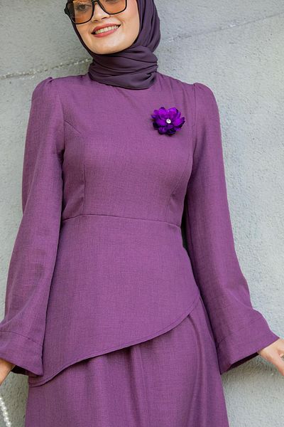 Tesettür Çarşım Rise Linen Brooch Blouse Skirt Set-Purple