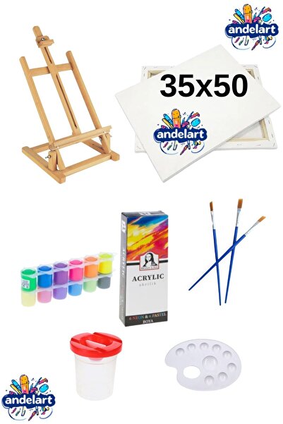 andelart Tuval 35x50, Masa Üstü Şövale, Fırça Seti, 6 Pastel 6 Canlı Renkler ...