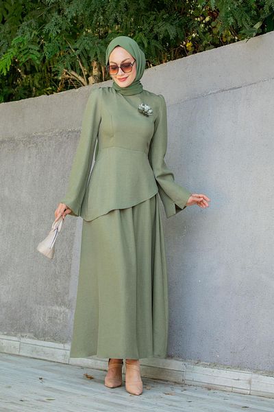 Tesettür Çarşım Rise Linen Brooch Blouse Skirt Set-Mint