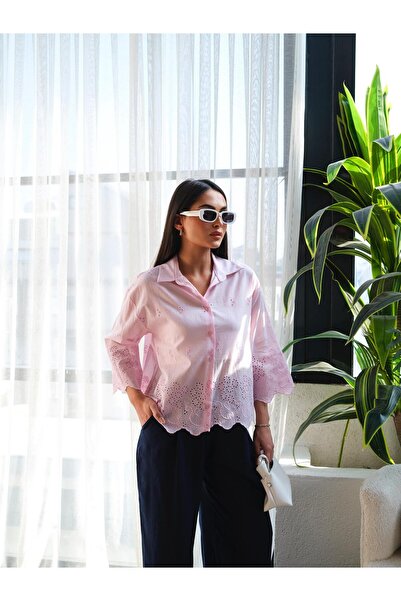 Elenova Dantel Detaylı Pembe Gömlek