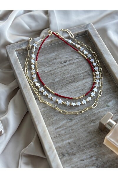 Le'Sluette Çoklu Çelik Kolye Yıldız Boncuk ve Zincir Detaylı Kararma Yapmaz