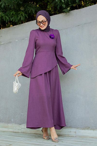 Tesettür Çarşım Rise Linen Brooch Blouse Skirt Set-Purple