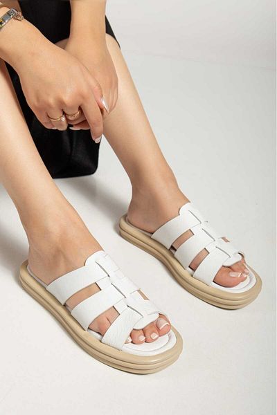 AYAKKABİSEPETİ WHITE GENUINE LEATHER WOMEN SLIPPERS