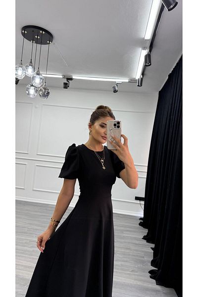 Daves Rochie neagră cu decolteu scurt cu mânecă pepene verde de lungime midi premium