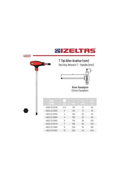 İzeltaş T Type Allen Key 4 mm - 4920 22 0040