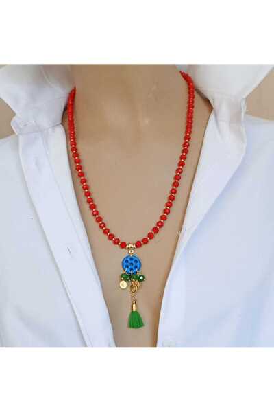 shop Kırmızı Kristal Boncuklu Süryani Taşı Kolye – İpek Püsküllü El Yapımı Tasarım