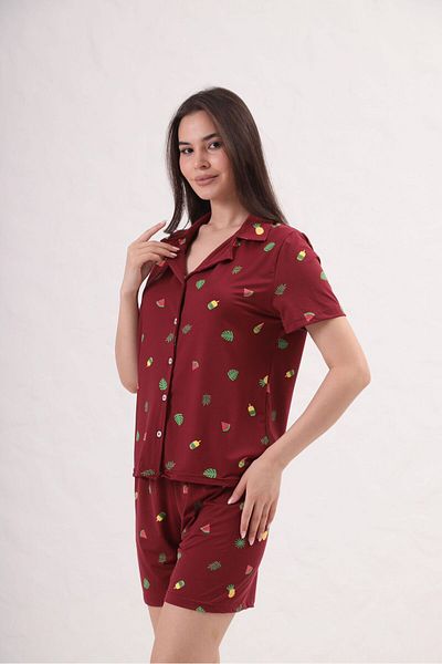 aytenli Shirt Collar Buttoned Short Sleeve Shorts Patterned Lycra Loose Milan Fabric Pajama Set