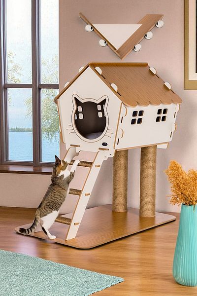 Patihomes Cat House with Ladder |   Scratching Board |   Play House