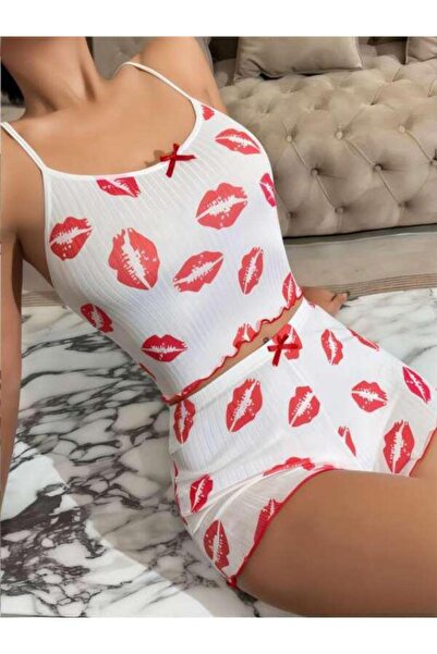 REAL PASSİONE SET PENTRU FEMEI CU PANTALONI SCURTI ALBI CU BORDURI