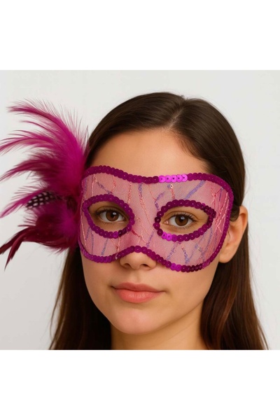 Skygo Fuchsia Color Side Feather Sequin Embroidered Party Mask 23X12 cm