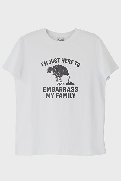NUUGG تي شيرت أبيض مطبوع أنا هنا فقط لخجل عائلتي (XXL / أبيض)