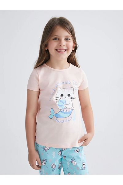 LC Waikiki Lcw Kids Pink Printed Girl's Shorts Pajamas Set