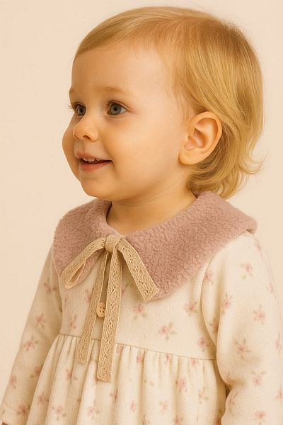 dinamik çocuk Baby Girl Removable Plush Collar Floral Print Long Sleeve Dress 3-6-9-12-18-24 Months