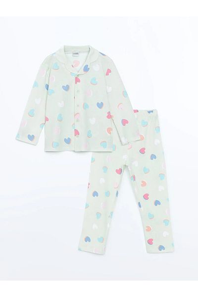 LC Waikiki Lcw Kids Green Shirt Collar Girls Pajamas Set