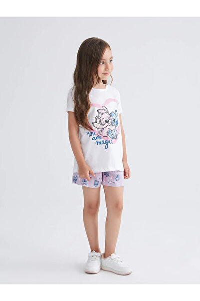 LC Waikiki LCW Kids Beyaz Lilo & Stitch Baskılı Kız Çocuk Şortlu Pijama Takımı