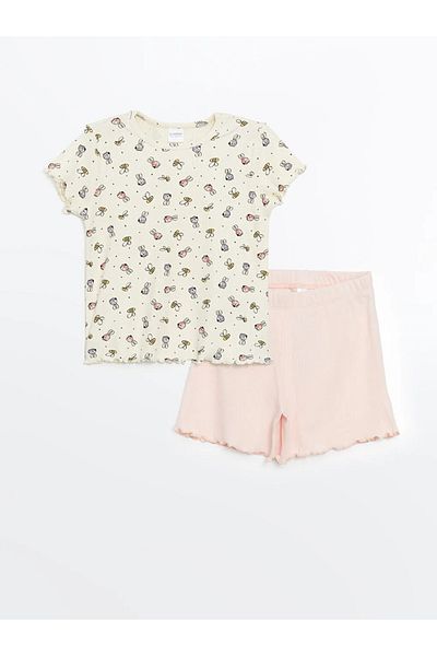 LC Waikiki Lcw Kids Ecru Crew Neck Printed Short Sleeve Girls' Pajamas Set with Shorts