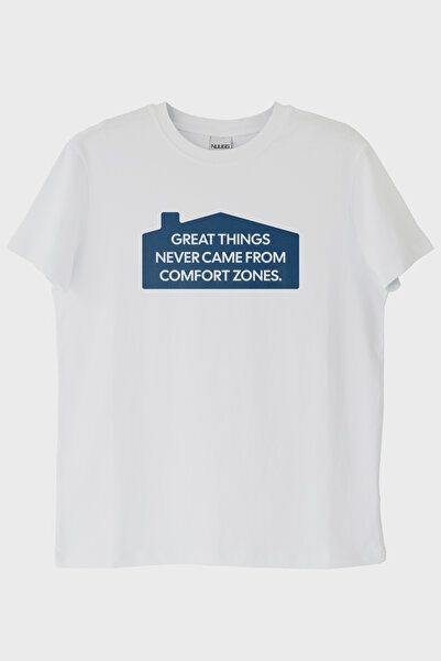 NUUGG تي شيرت أبيض مطبوع عليه عبارة Great Things Never Came from Comfort Zone...