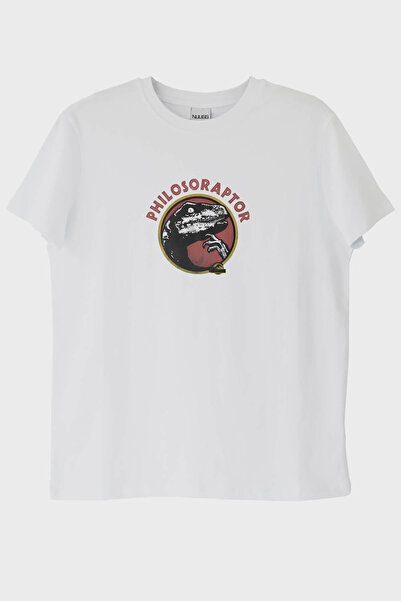 NUUGG تي شيرت أبيض بتصميم ديناصور ريترو مطبوع من Philosoraptor (XS / أبيض)