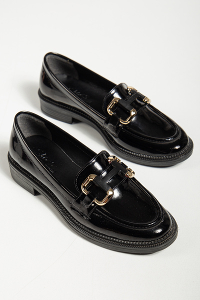 derim shoes Kadın Siyah Rugan Suni Deri Loafer Ayakkabı