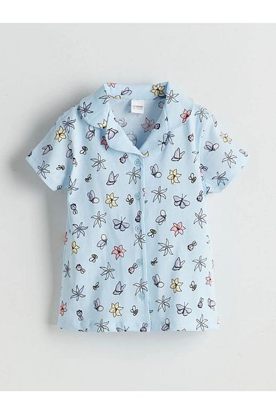 LC Waikiki Lcw Kids Blue Shirt Collar Floral Girl Pajama Top