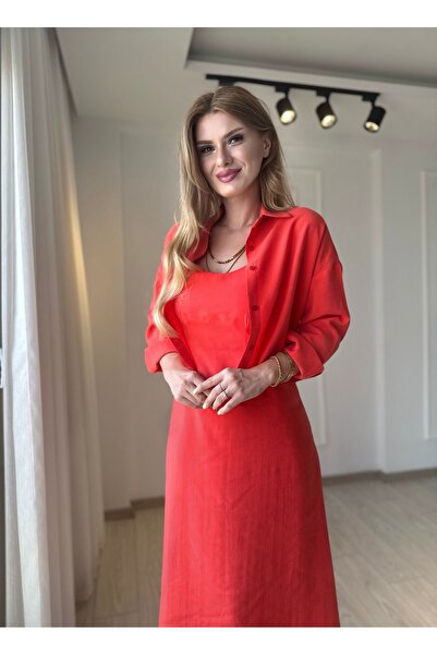 Store Premium Gömlek Elbise İkili Takım - Nar Çiçeği