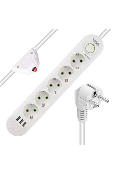 Zibox Vea Va-21562 5-Piece 3 USB 1.5 Meter Surge Protected Socket White