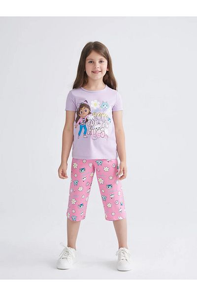 LC Waikiki Lcw Kids Lilac Crew Neck Gabby’S Dollhouse Printed Girls Capri Pajama Set