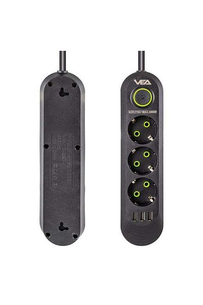 Zibox Vea Va-21557 3 Gang 3 USB 1.5 Meter Surge Protected Socket Black