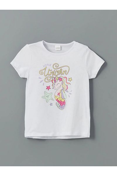 LC Waikiki Lcw Kids White Crew Neck Printed Girls' Pajama Top
