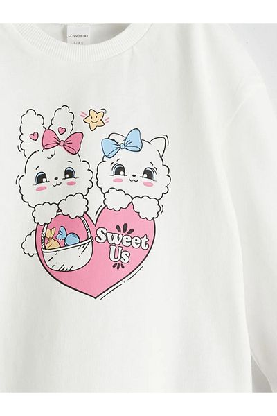 LC Waikiki Lcw Kids Ecru Crew Neck Printed Girls' Pajama Top