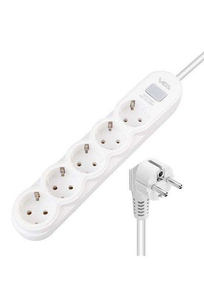 Zibox Vea Va-21569 5 Gang Switched 1.5 Meter Current Protected Socket White