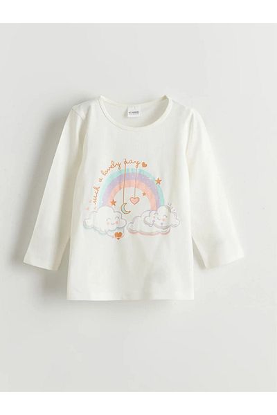 LC Waikiki Lcw Kids Ecru Crew Neck Printed Girl's Pajama Set