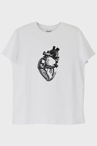 Generic Brand Minimalist Printed White T-Shirt with Heart Anatomy Illustration