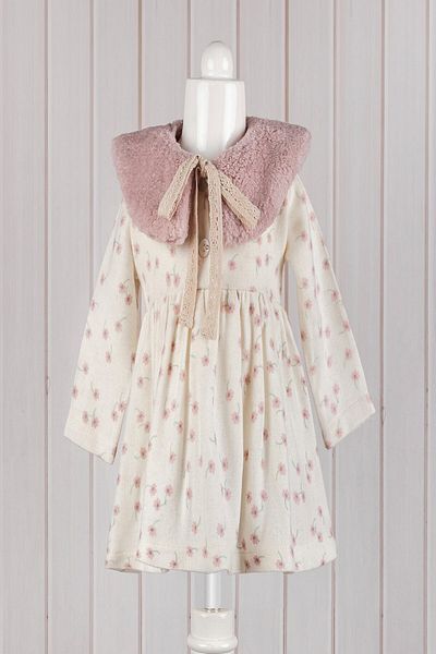 dinamik çocuk Baby Girl Removable Plush Collar Floral Print Long Sleeve Dress 3-6-9-12-18-24 Months