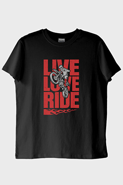 Generic Brand Live Love Ride Printed Motorcycle Black T-Shirt (L / Black)