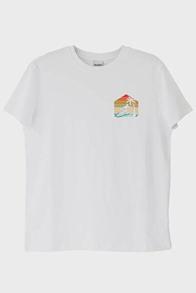 NUUGG تي شيرت أبيض بطبعة نخيل وركوب الأمواج بتصميم ريترو