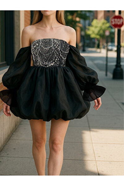 DADUCOLLECTİON Siyah işlemeli abiye, party elbisesi.