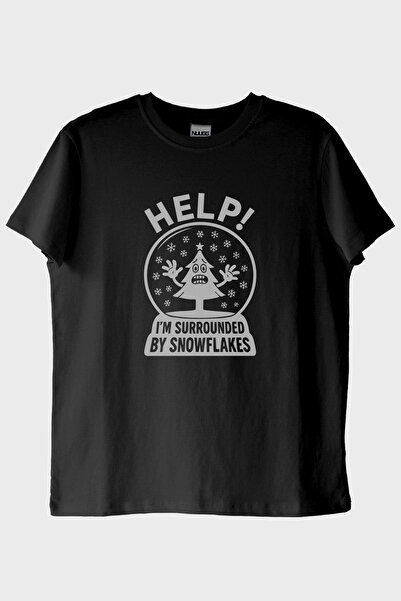 NUUGG Help! I'M Surrounded by Snowflakes Irony Design Printed Black T-Shirt (...