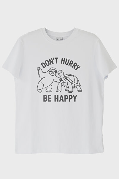 Generic Brand Don'T Hurry Be Happy Printed Sloth and Turtle White T-Shirt (XX...