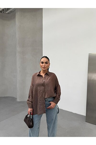 Genel Markalar Transparan Kahverengi Çizgili Gömlek