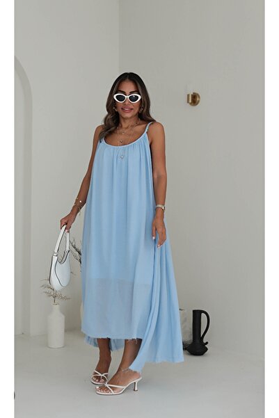 Lovely butik Chest Section Rubber Detail Thin Straped Sloth Combed Cotton Dress