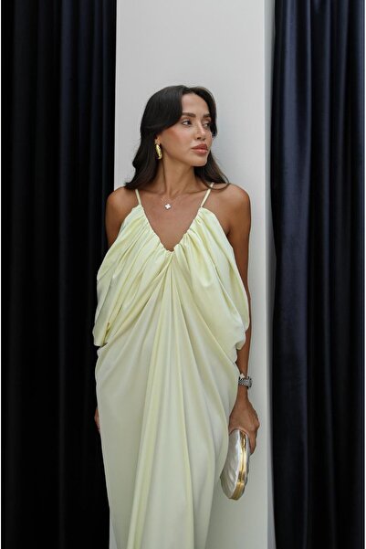Havoş Light Yellow Satin Surface Volume Dress