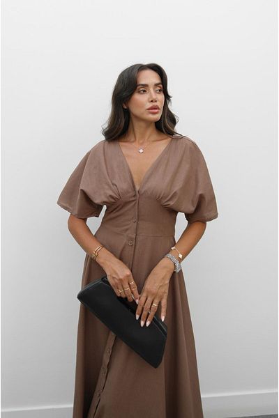Havoş Brown Wong V-Neck Linen Dress