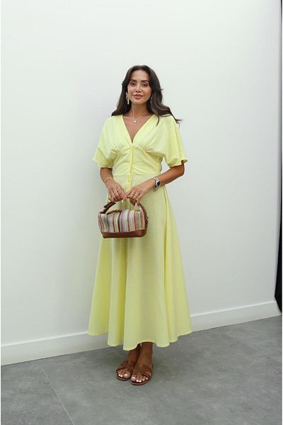 Havoş Yellow Wong V-Neck Linen Dress