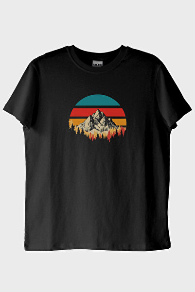NUUGG Retro Mountain View Printed Minimalist Black T-Shirt (XS / Black)